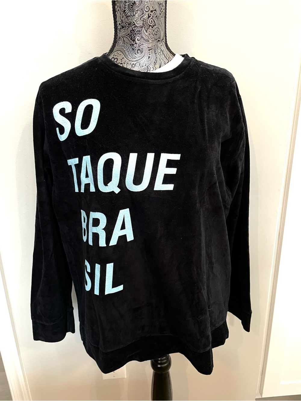 FARM Rio Black Velour Crewneck with Light Blue Lettering